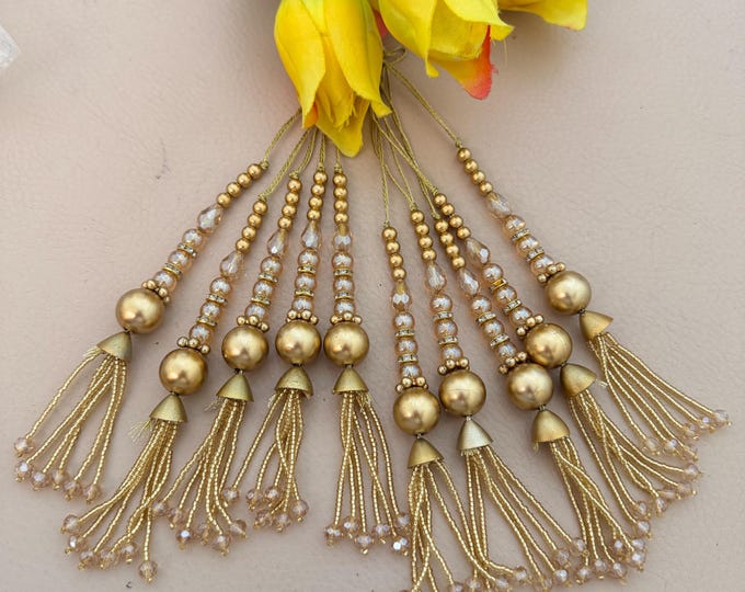 Antique Gold Beaded Tassels, Crystal Latkan with Seed Bead Fringe - (Set of 2 Tassels)
