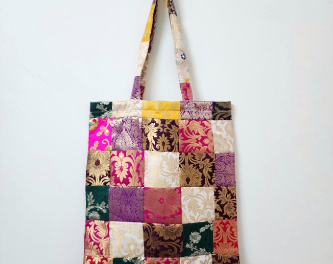 Patchwork Tote Bag Handmade Upcycled Fabric Leftover Creativity Shoulder Bag for Shopping