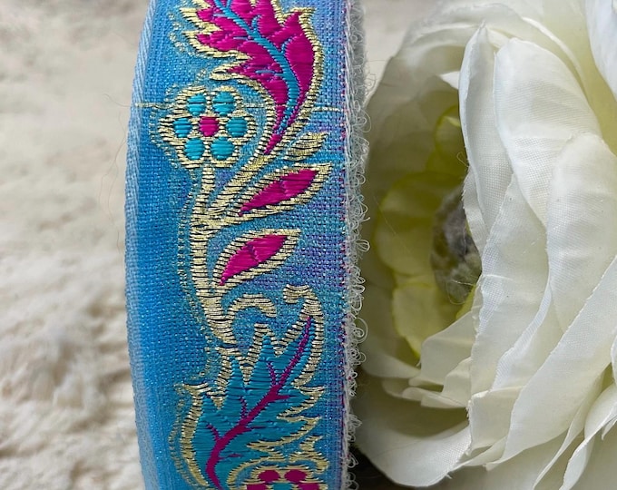 Sky Blue Organza Lace, Gold Zari, Pink Paisley Trim, Bridal Sewing, 9 Yards