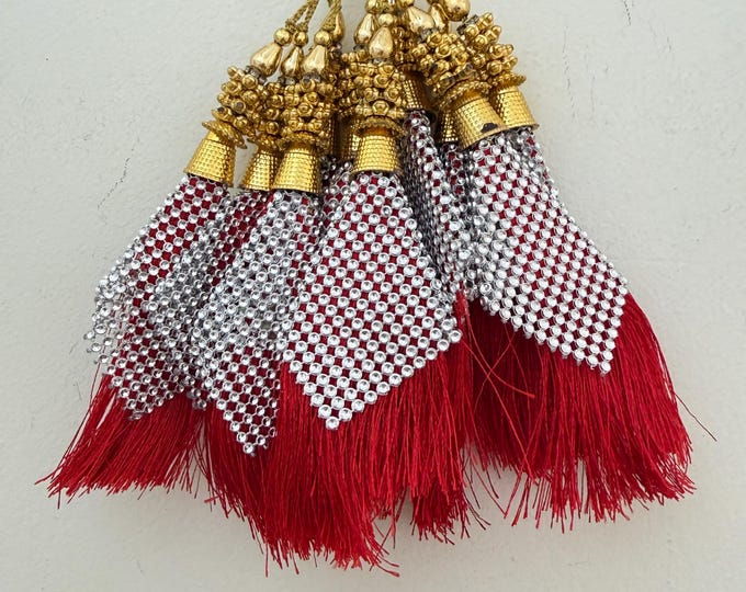 Elegant Red Silk Thread Gold Crystal Latkans (Set of 2)