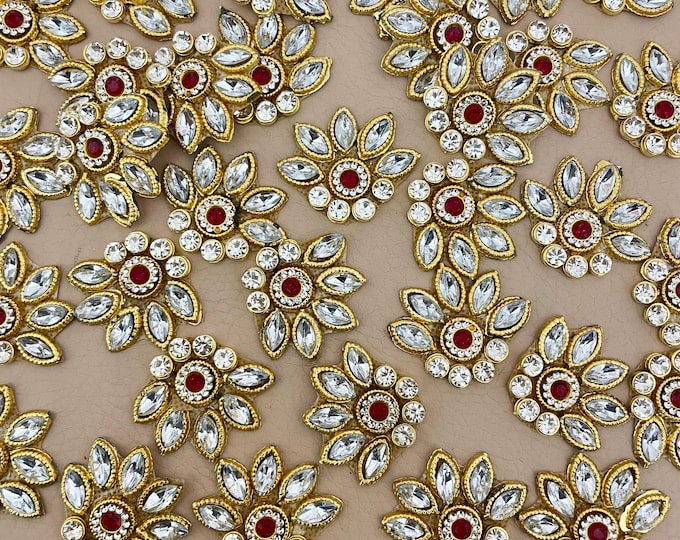 Pack of 10 Lotus Kundan Patches, Red & White Rhinestone Floral Appliques, Gold Zardosi Embroidery Motifs and DIY Craft