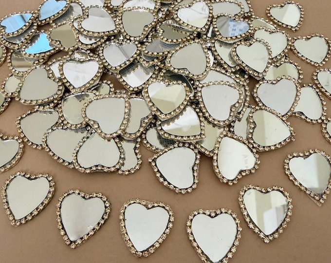 Heart Shape Mirror Patches, Bulk Rhinestone Mirror Appliques (25 Pack)
