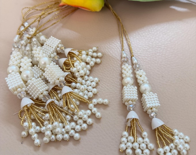 White Pearl Bridal Latkan Handmade Gold Beaded Tassels for Lehenga Blouse - 2 Tassel