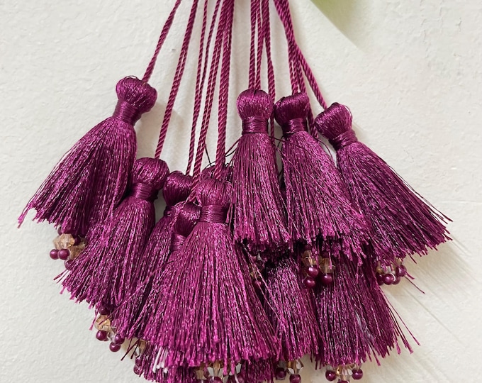 Magenta Silk Tassels, Beaded Fringe, Boho Earring Charms (12 Pcs)