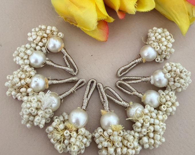 Tiny Pearl Tassels, Mini Silver Zari Beaded Latkan - Pack of 10