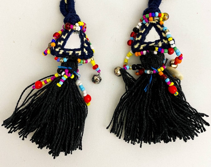 Black Fringed Tassels with Beaded Mirror, Embellishment for Sewing ( Set of 2)
