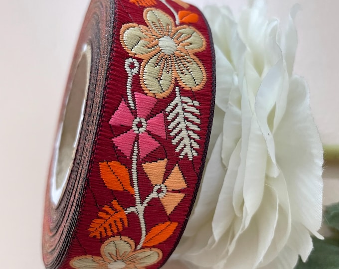 Red Floral Trim Lace Border Roll 9 Yards