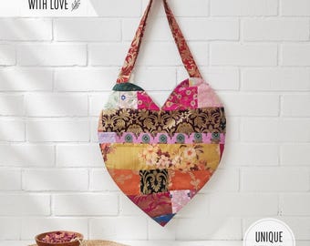 Handmade Heart Patchwork Tote | Upcycled Boho Shoulder Bag