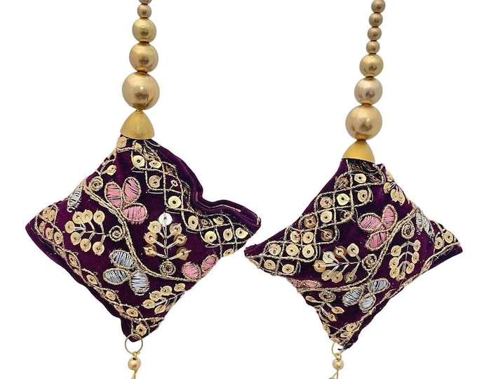Wine Velvet Latkans with Gold Beaded Tassels and Coin Charm- Set of 2 Tassels