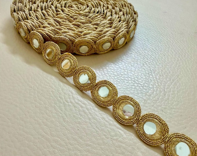 Mirror Trim Golden Shisha Embroidery Lace Border - 9 Yards