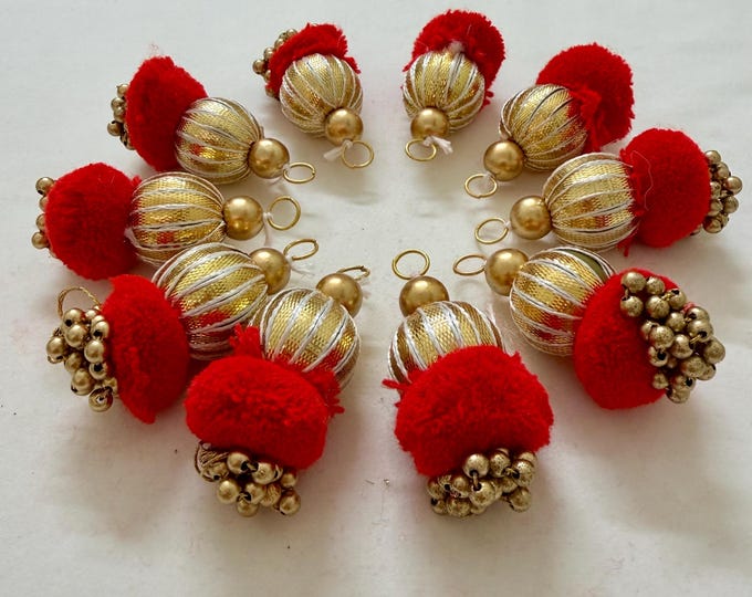 Red Gold Beaded Tassels Gota Patti Handmade Latkan - 10 Pcs