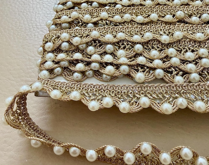 Gold Scalloped Lace Trim with White Pearls - 9 Yards Roll