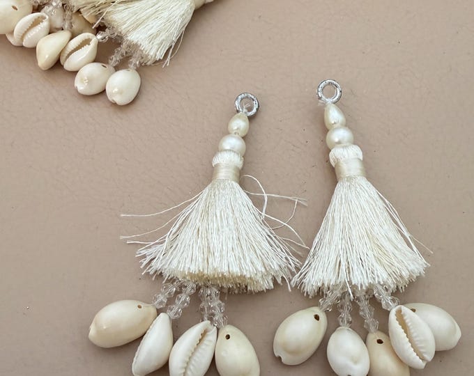 Boho Cowrie Shell Tassel Pair, Cream Silk Tassel Charms (Set of 2 Tassels)