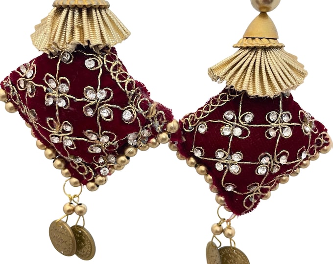 Maroon Velvet Latkan Pair | Gold Zari, Pearl & Coin Charms