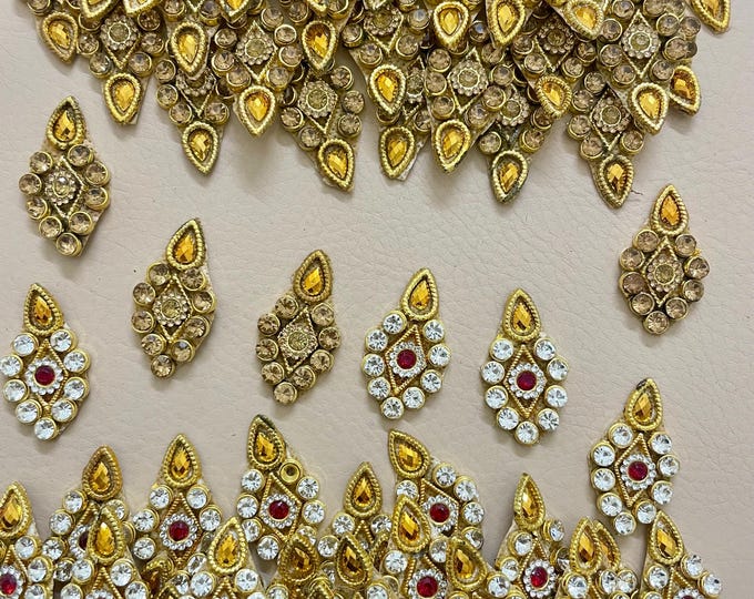 Set of 10 Handcrafted Kundan Diamond Patches, 45mm Gold Ethnic Appliques for Bridal Wear, Jewelry Making, and DIY Crafting