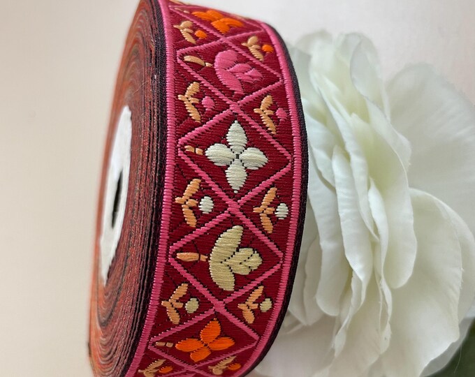 Red Trim Floral Lace Ribbon 9 Yards Roll for Crafting