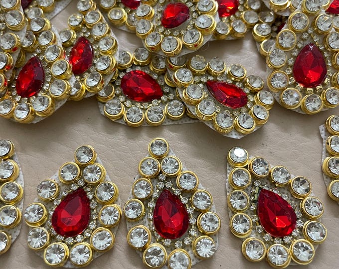 Red Teardrop Rhinestone Appliques - Gold Crystal Bridal Patches, Pack of 10