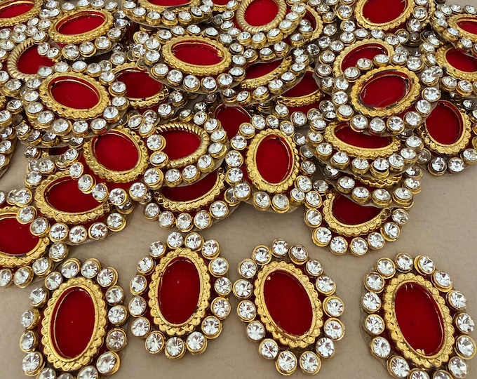 Red Gold Kundan Patches, Oval Rhinestone Appliques (10 Pcs.)