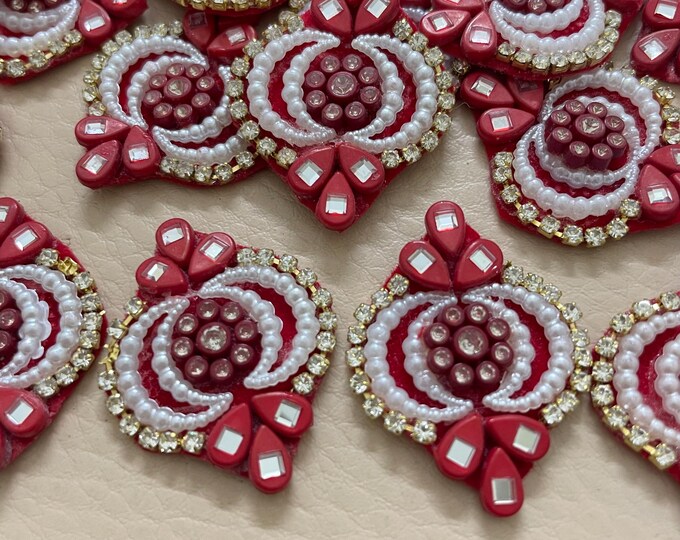 Red Beaded Rhinestone Patches | Pearl & Crystal Applique for Sewing - 25 Pcs