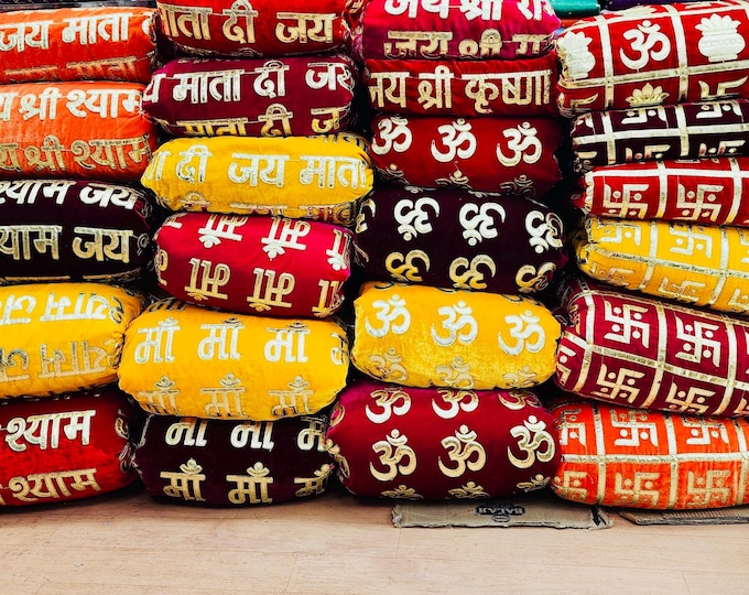 Sacred Hindu Velvet Fabric by the Yard - Gold Foil Embossed Altar Cloth - Om, Swastika, Jai Mata Di, Shri Shyam Devotional Fabric