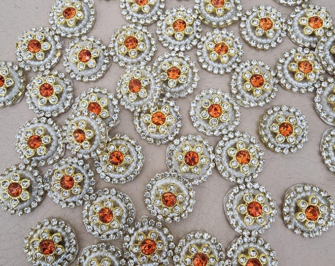 Orange Rhinestone Pearl Floral Applique, Gold Embellishment (25 Pcs)