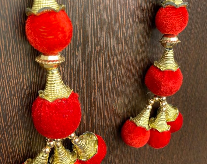 Red Velvet Ball Tassels: Lehenga, Blouse, Handbag Embellishments