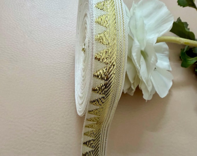 Cream & Gold Zigzag Border Trim | Metallic Triangle Pattern Ribbon | 9 Yard Roll