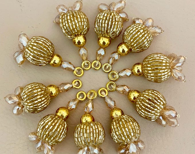 Gold Crystal Tassels - Champagne Bugle Bead Charms, Jewelry Making - Set of 10