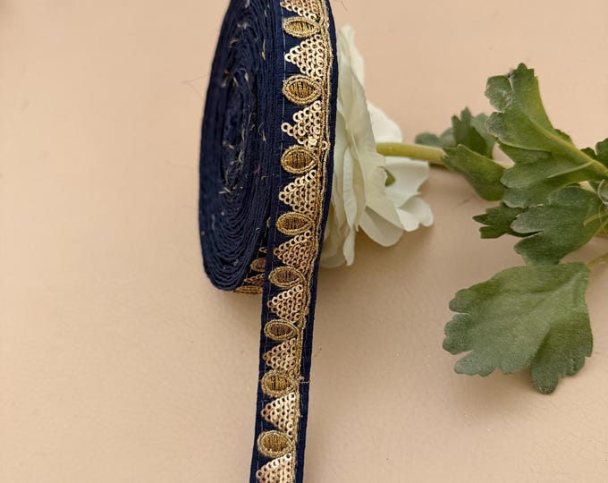 Navy Blue & Gold Sequin Lace Trim Embroidered Ribbon - 9 Yard Roll
