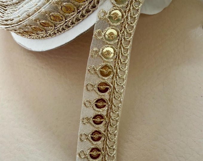 Gold Sequin Organza Trim, Indian Sewing Ribbon, 9 Yards