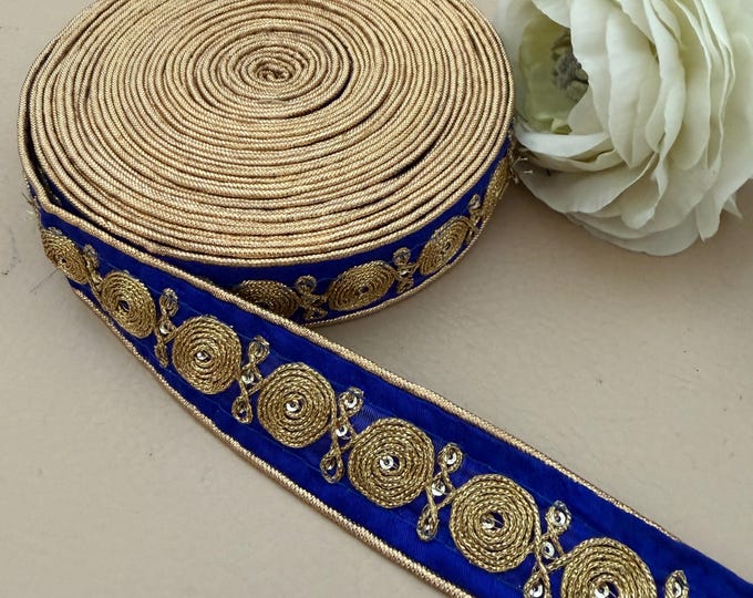 Royal Blue Gold Zari Trim Fabric Border 9 Yards Roll