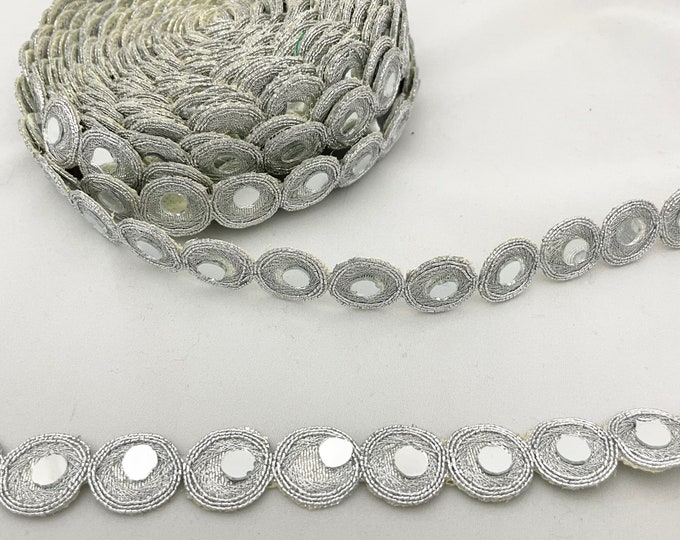 Silver Mirror Work Trim Shisha Embroidery Lace Border - 9 Yards