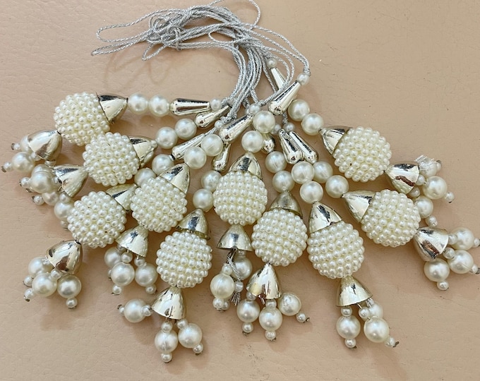 10 Pcs White Pearl Cluster Tassels with Silver Caps, Traditional Indian Latkan Embellishments