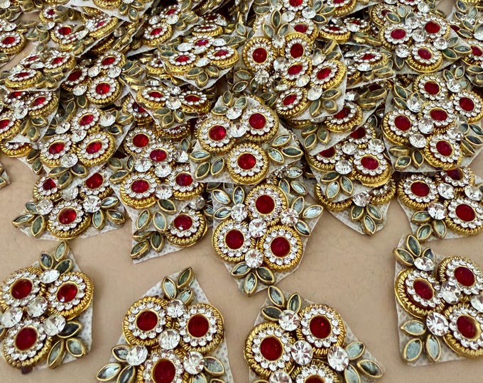 Floral Kundan Patches, Red Rhinestone Flower Appliques (10 Pcs.)