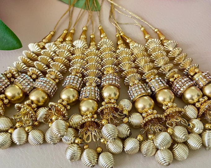 Long Gold Latkan Pair | Crystal & Textured Bell Tassels | Set of 2 Tassels
