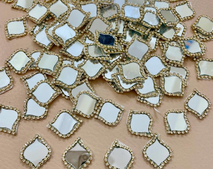 Samosa Mirror Patches, Gold Zircon Rhinestone Appliques, Kunda Embroidery, 25 Pcs