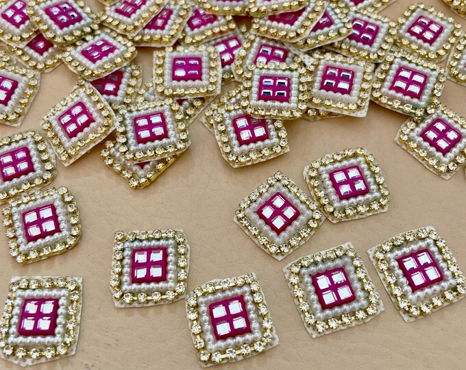 25 Magenta Rhinestone Appliques, Pearl Square Patches, DIY Crafts