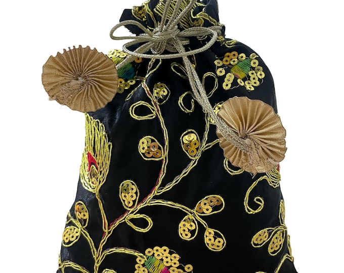 Fabric Drawstring Bag : Black Embroidered Potli Bags Wedding Favors Jewelry Pouch Travel Organizer
