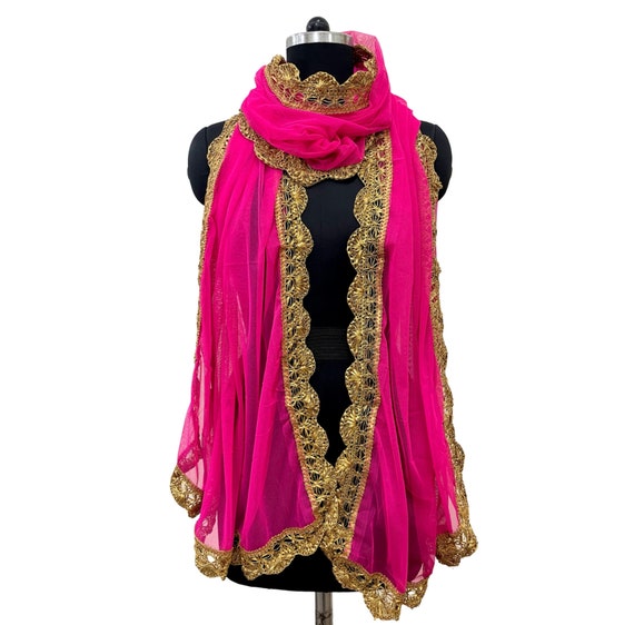 Pink Net Dupatta with Lace Border : Embellished Shawl for Women