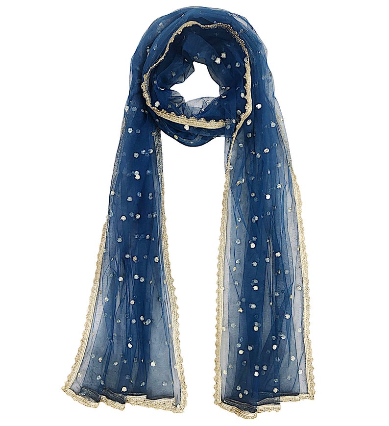 May include: A blue sheer scarf with gold trim and white sequins. The scarf is folded in half and draped over a white background.