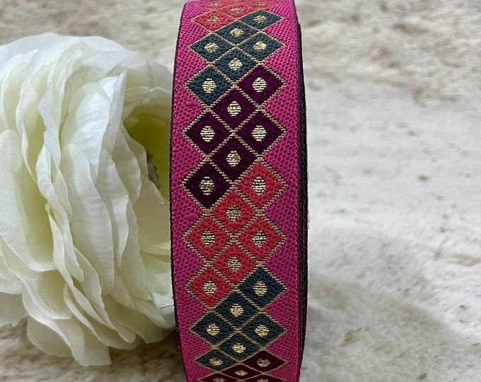 Pink Diamond Jacquard Trim, Metallic Gold Ethnic Ribbon, 9 Yards