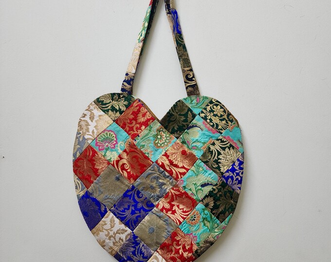 Handmade Heart Shaped Fabric Tote Bag | Colorful Patchwork Everyday Bag