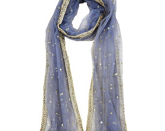 Grey Sequin Embroidered Net Dupatta, Wedding Shawl