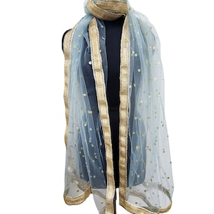 Sheer Sky Blue Net Dupatta Women&#39;s Indian Dupatta Lightweight Scarf Ethnic Stole
