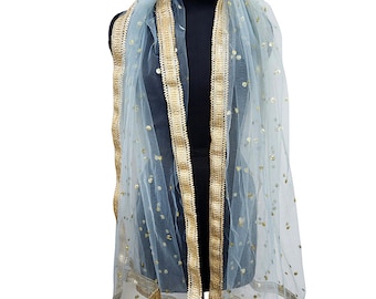Sheer Sky Blue Net Dupatta Women's Indian Dupatta Lightweight Scarf Ethnic Stole