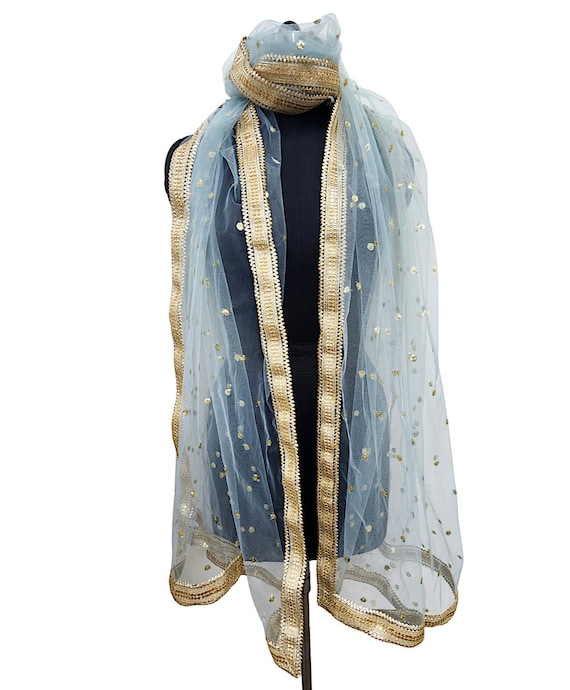 Sheer Sky Blue Net Dupatta Women's Indian Dupatta Lightweight Scarf Ethnic Stole