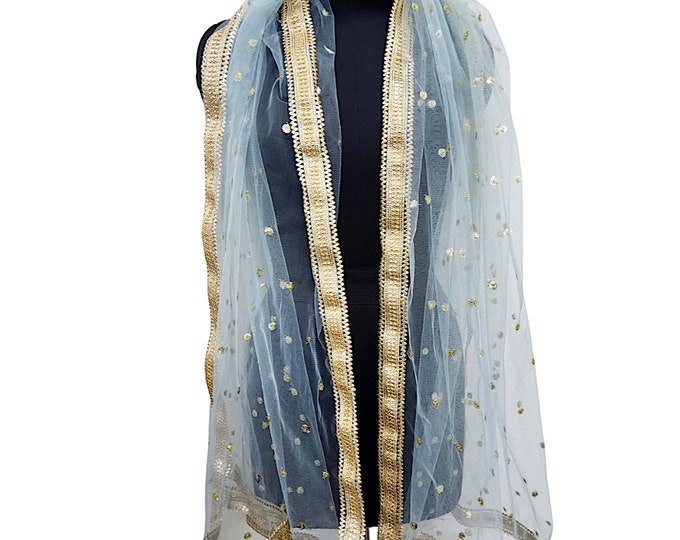 Sheer Sky Blue Net Dupatta Women's Indian Dupatta Lightweight Scarf Ethnic Stole