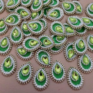 Pack of 10 Lime Green Teardrop Patches, Pearl & Rhinestone Crystal Appliques, Neon Green Motifs