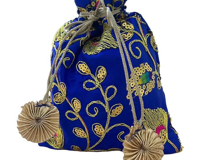 Drawstring Bag Royal Blue Embroidered Fabric Wedding Favors Traditional Travel Organiser Pouch