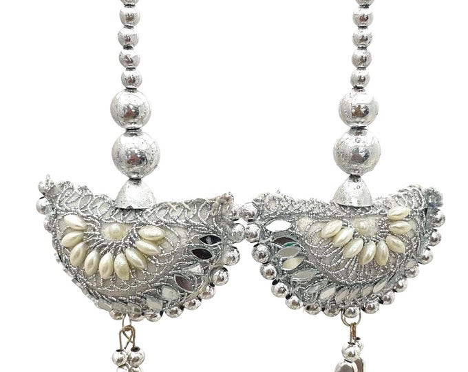 Silver Saree Tassels with Pearl & Mirror | Indian Latkan (Set of 2)